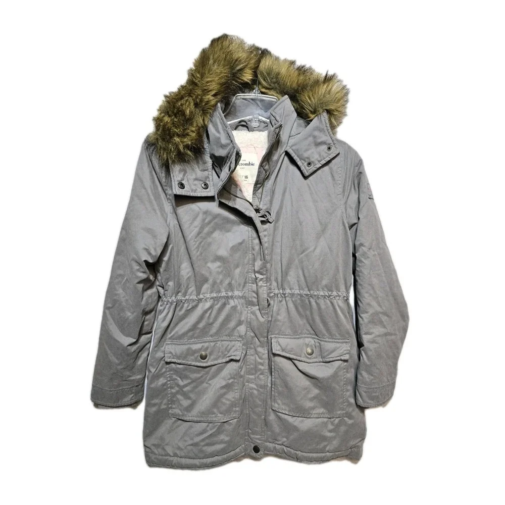 Abercrombie Fitch Kids Girls Hooded Jacket Parka Coat Size 15-16 Faux Fur Gray